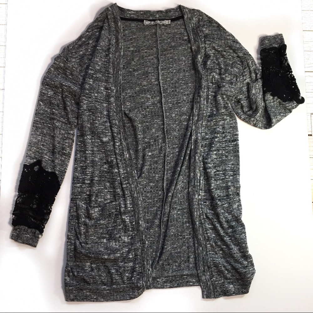 Gray & Black Cardigan with Black Lace